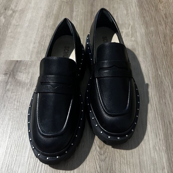 NWT Schutz Black Leather Christie Studded Loafers Size 5B chunky sole NEW - Picture 2 of 10